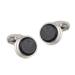 round serrated marble Silver Plated Cufflinks